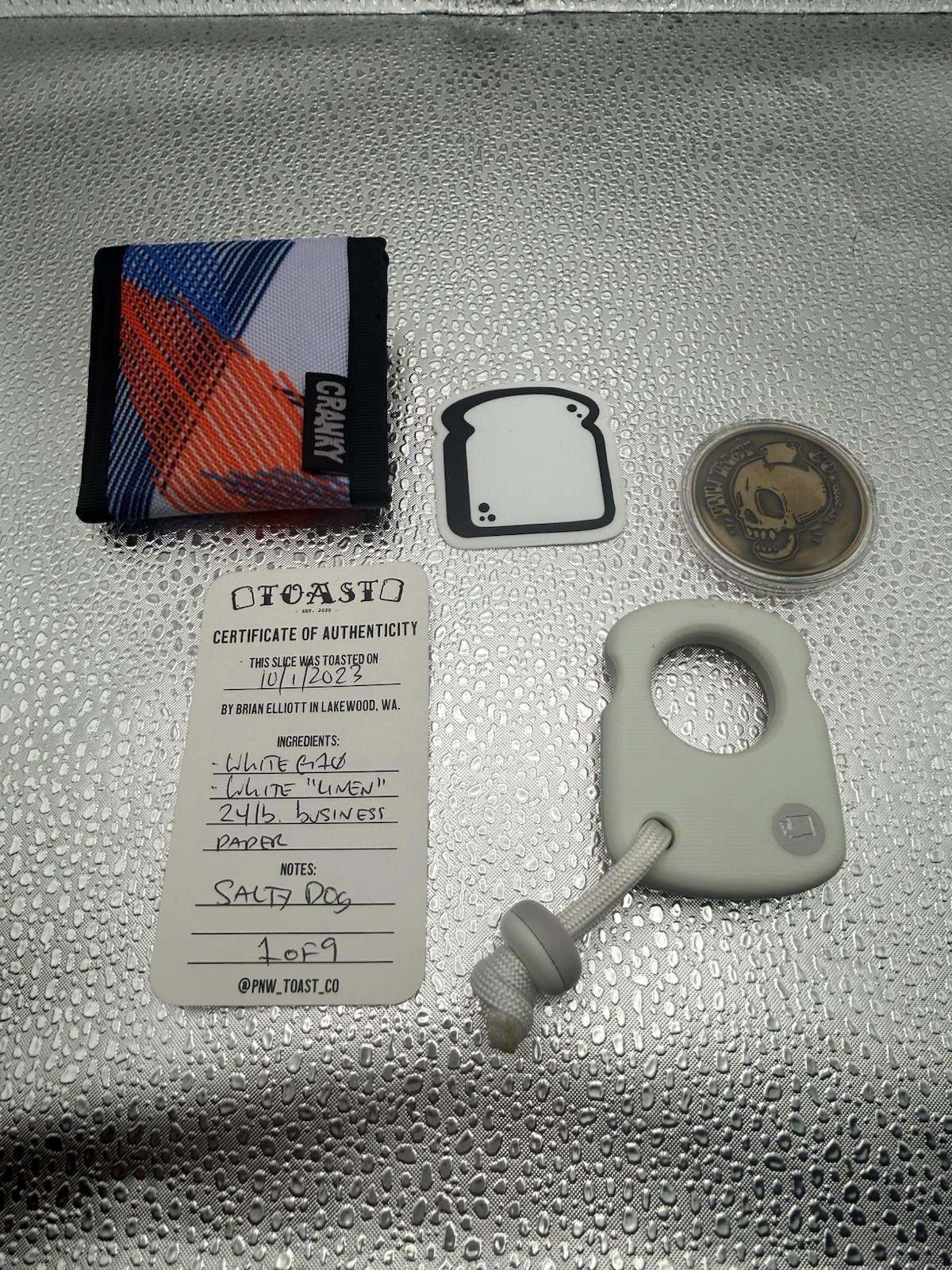 PNW TOAST CO - White G10 - White “linen” - SALTY DOG - #1/9 - W/ Challenge Coin