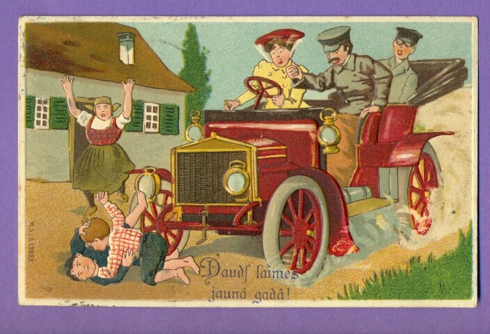 RUSSIA LATVIA New Year BOYS PEOPLE AND CAR VINTAGE EMBOSSED POSTCARD USED 75