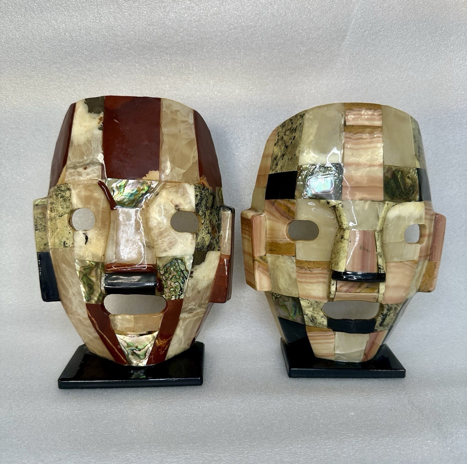 Vintage Mexican Stone Mosaic Mayan Aztec Masks Pair Abalone Onyx 8”