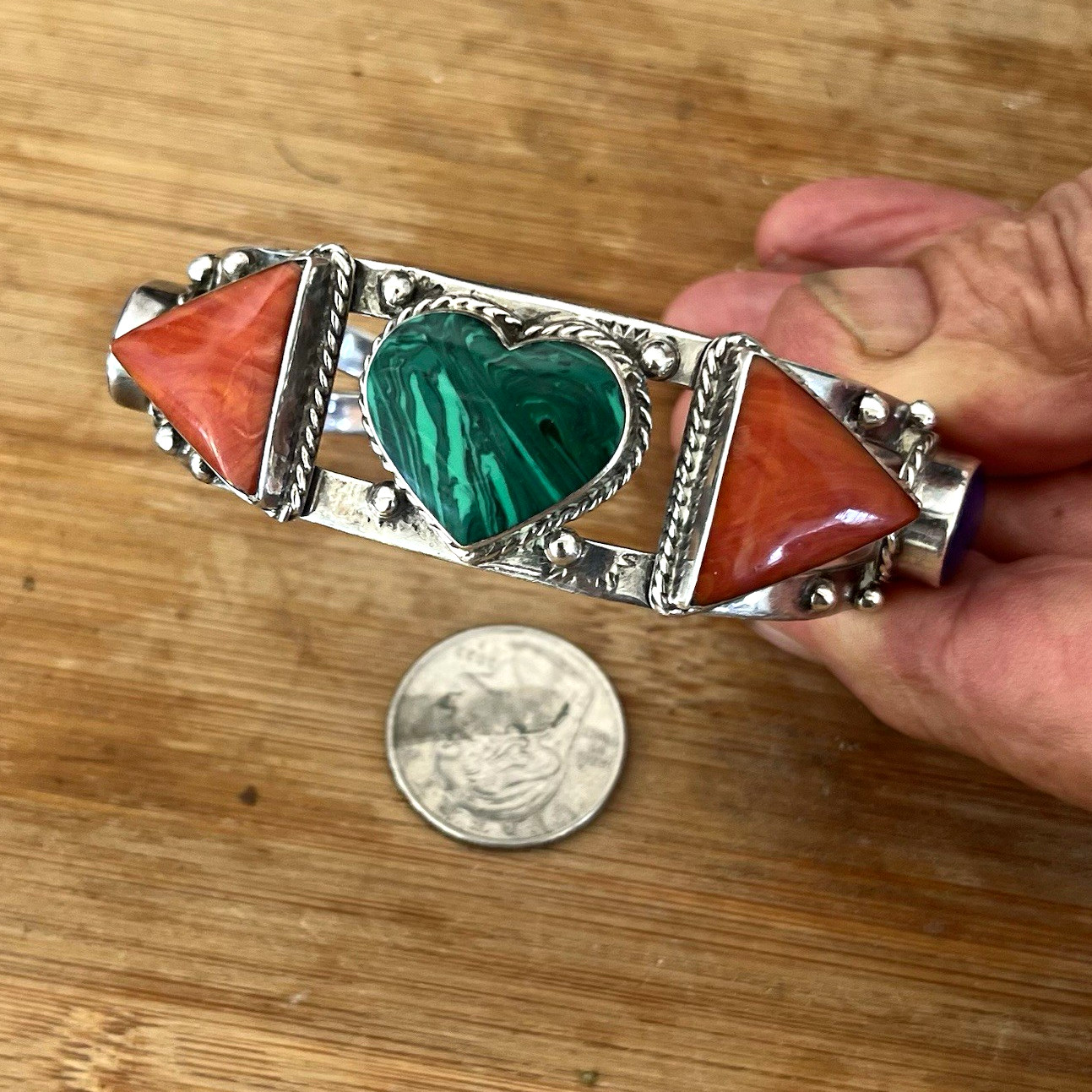 Taxco Mx Sterling Silver 925 Cuff Bracelet green malachite, lapis lazuli & coral