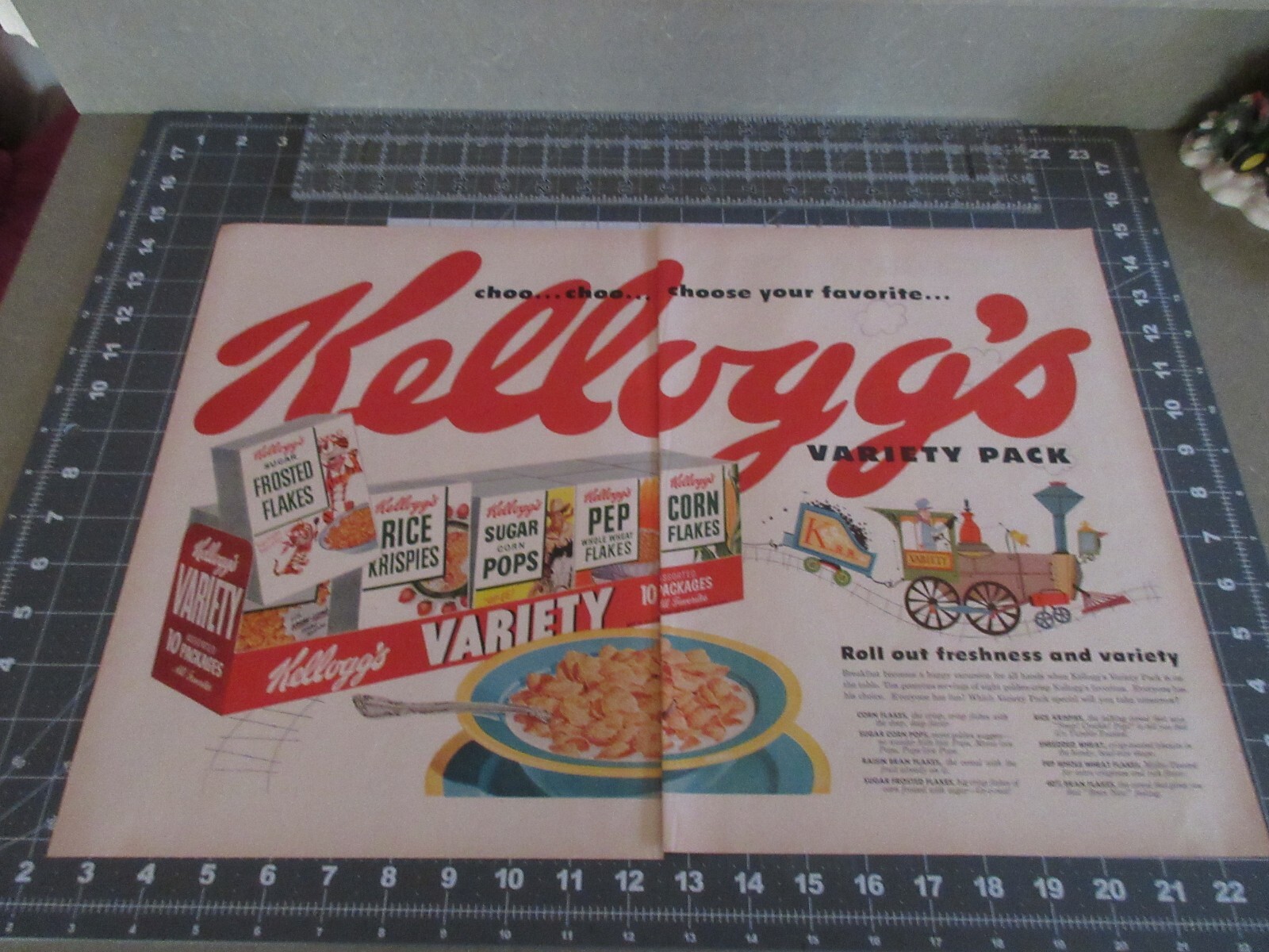 1953 Kellogg\'s Choo... Choo... Train Variety Pack 2-Page Vintage Print Ad 1953 Kellogg\'s Choo... Choo... Train Variety Pack 2-Page Vintage Print Ad