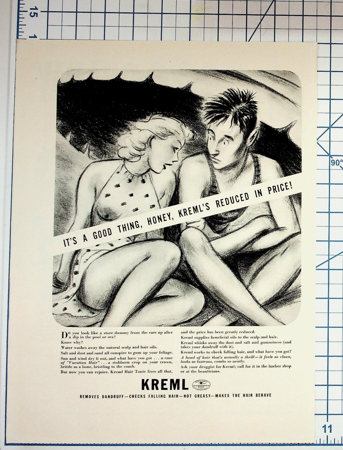Vintage KREML Hair Tonic Ad 1940s 50s Magazine Page Vacation Hair Dandruff