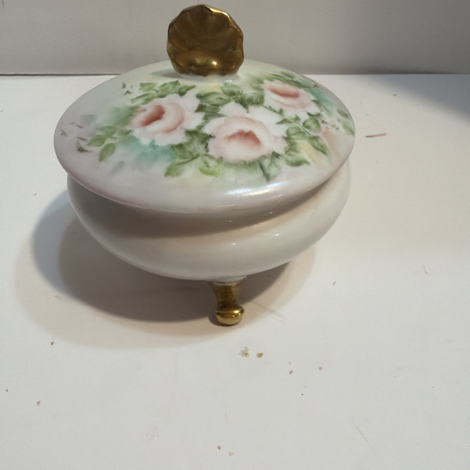 Vintage Giraud Limoges France Ftd Trinket Powder Box Pink Roses Gold