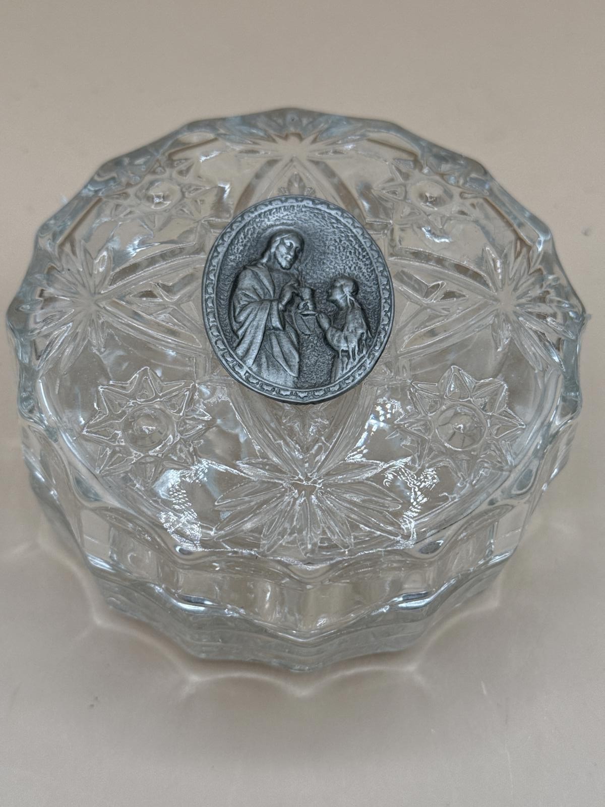 Vintage Cut Glass Trinket Dish w/ Pewter Jesus & Lamb Medallion | Religious