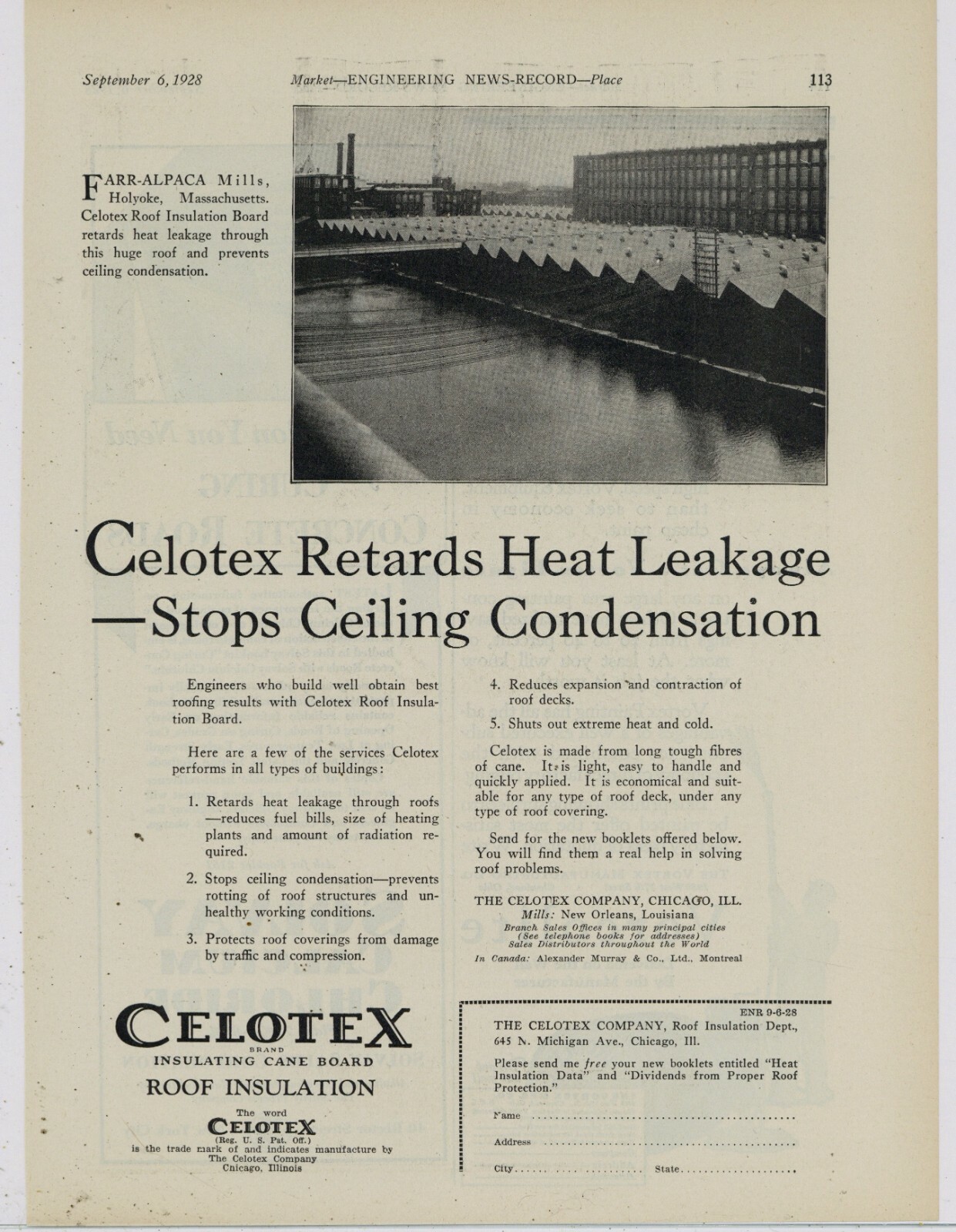 1928 Celotex Ad: Farr Alpaca Mills Rooftop Picture - Holyoke, Massachusetts
