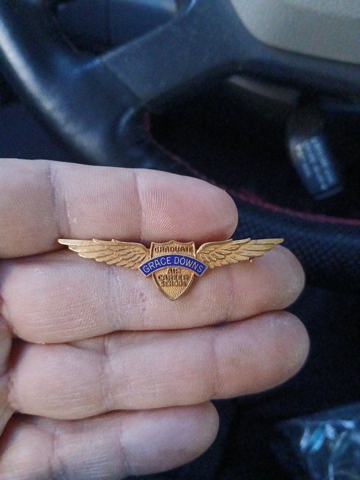 Vintage 1967 Grace Downs Air Career School Graduate Wings Pin Engraved Enamel