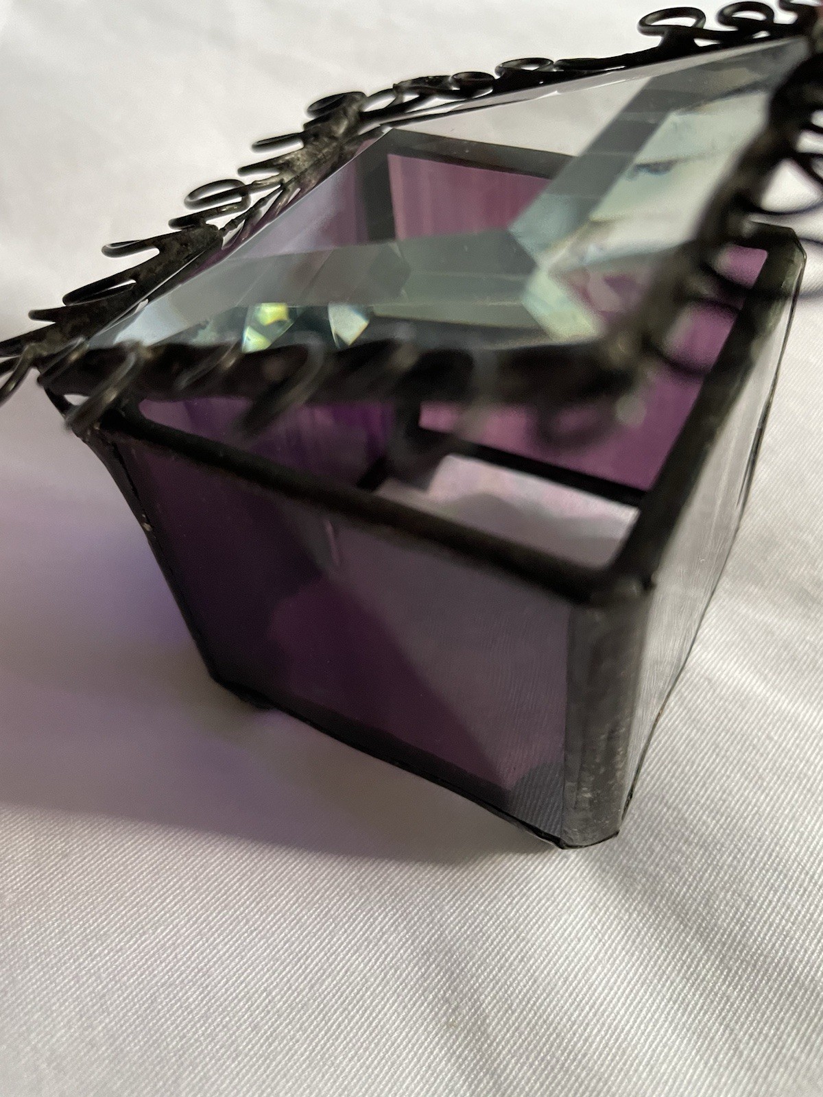 Artisan Stained Glass Trinket Box Amethyst Beveled Glass Jewelry Keepsake