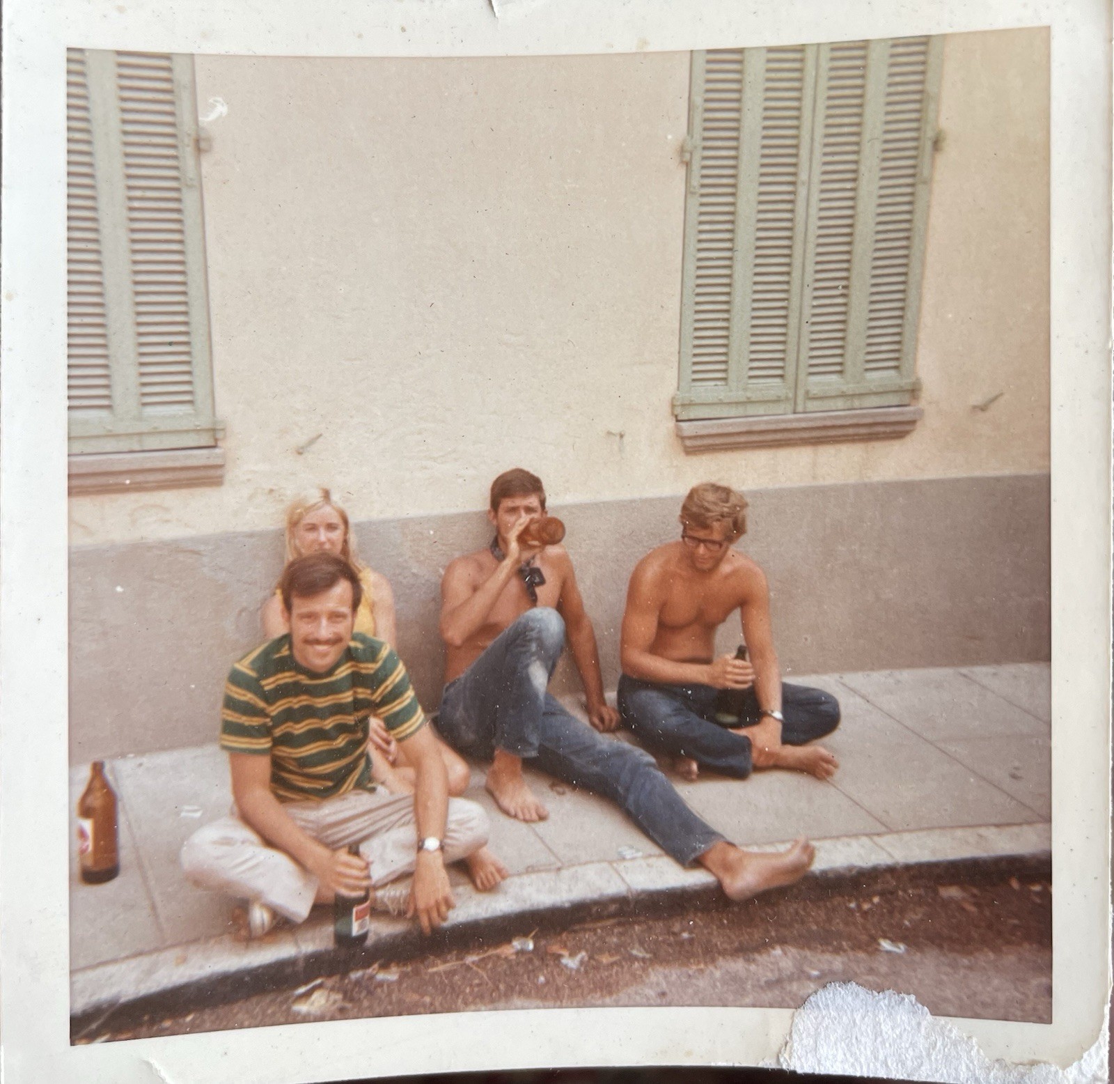 Vintage Photo Handsome Shirtless Barefoot Men Drinking on Sidewalk 1970s Gay Int