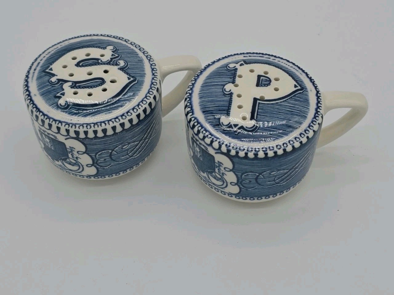  Royal China Currier Ives  Blue White Salt and Pepper Shakers