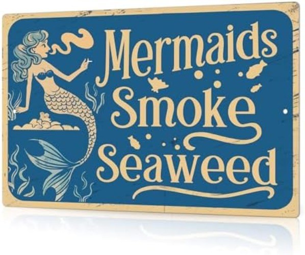 Mermaids Smoke Seaweed Vintage Funny Tin Metal Signs Home Décor 8x12
