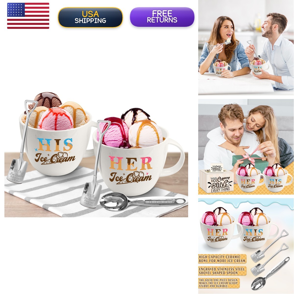 Hexagram His & Hers Ice Cream Bowl Set With Scoop & Spoon - Valentine\'s Gift Hexagram His & Hers Ice Cream Bowl Set With Scoop & Spoon - Valentine\'s Gift