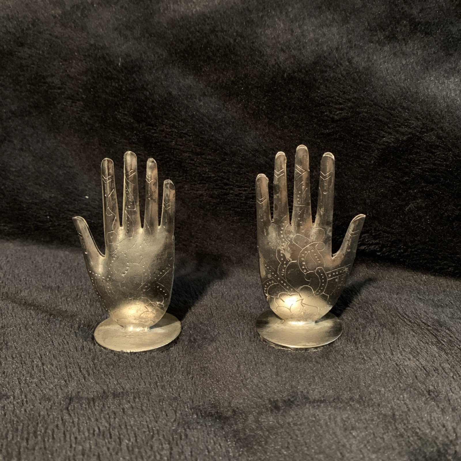 VTG Set of Silvertone Engraved Metal Hand Set Out Incense Holder Statue Figure