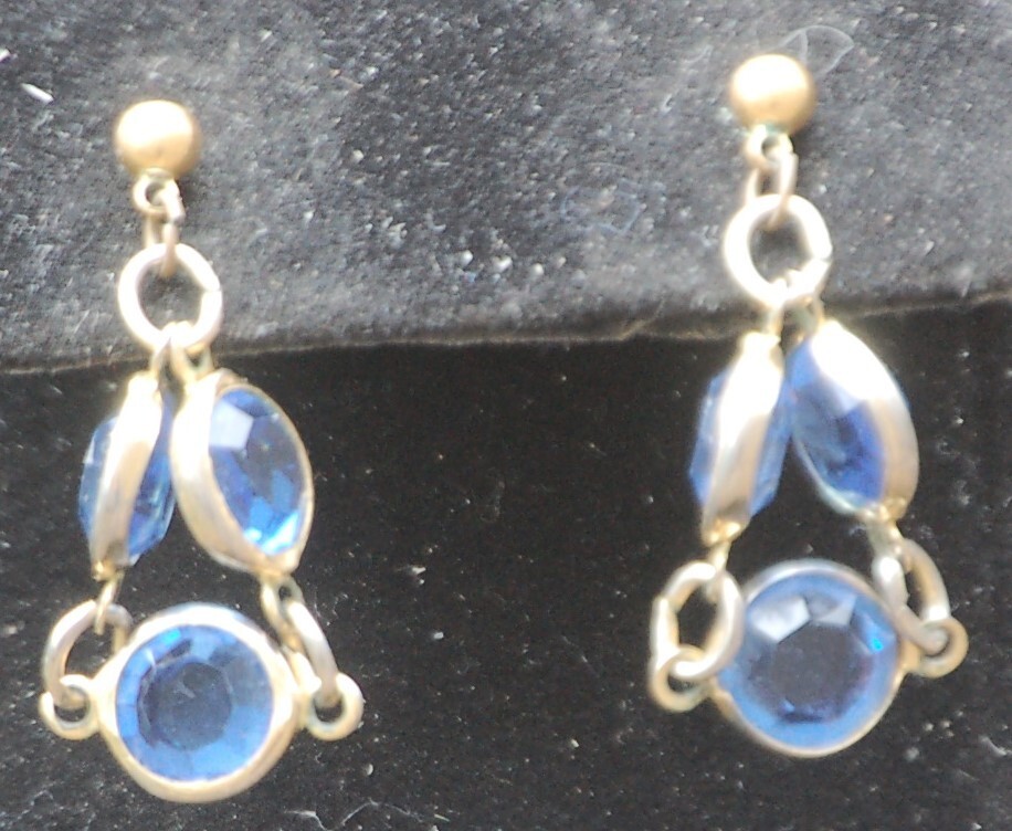 Blue Rhinestone Dangle Earrings Pierced Jewelry Vintage