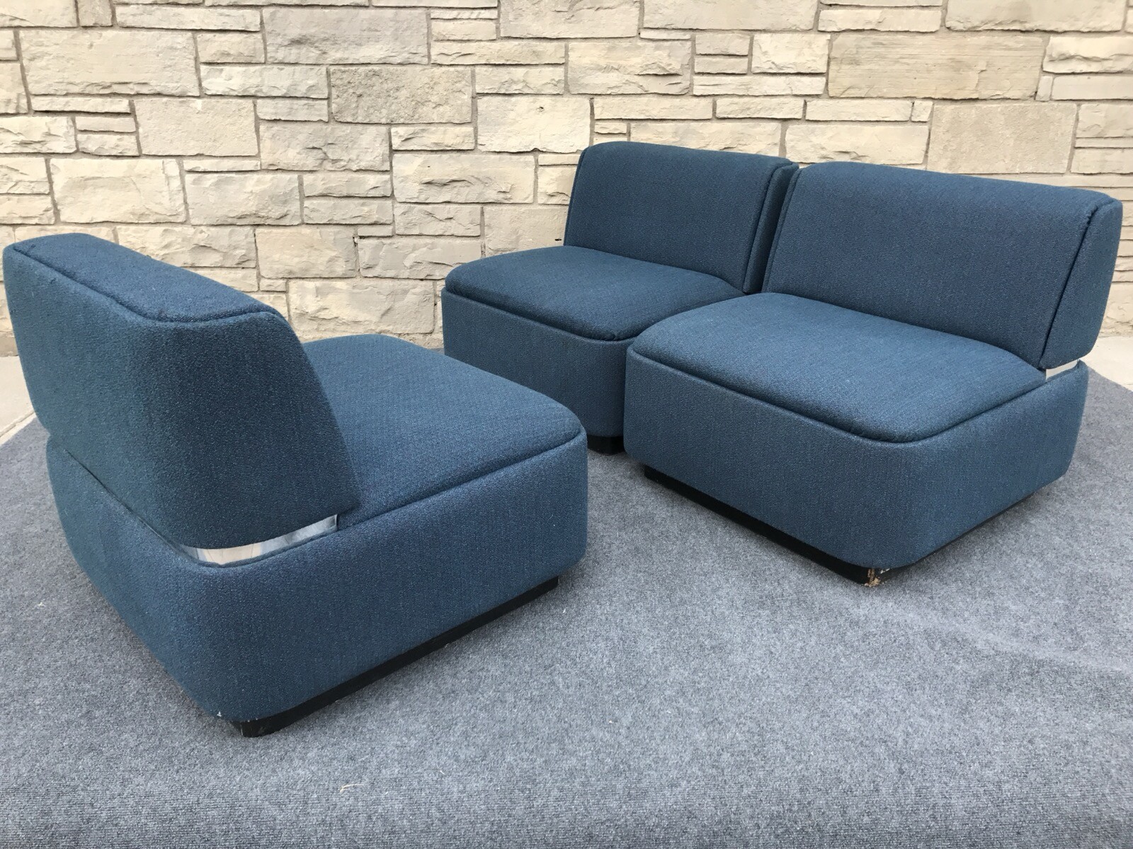 Set of 3 Post Modern Thonet Cube Sofa Sectional Slipper Chairs in Blue & Chrome