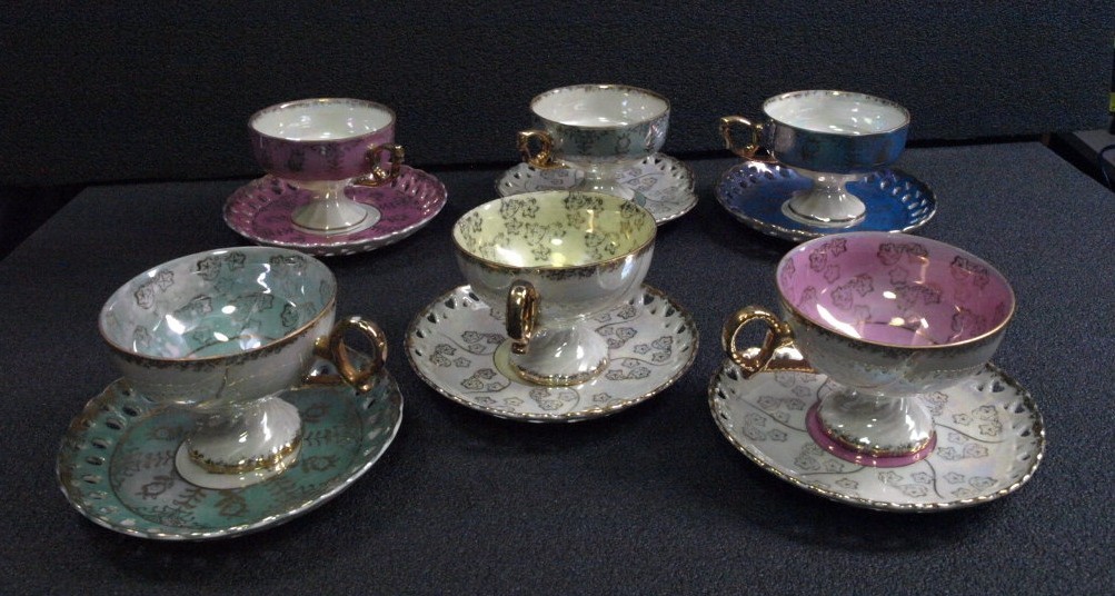 VINTAGE JAPANESE 6PC SET OF ENESCO IRIDESCENT PORCELAIN CUPS AND SAUCERS VINTAGE JAPANESE 6PC SET OF ENESCO IRIDESCENT PORCELAIN CUPS AND SAUCERS