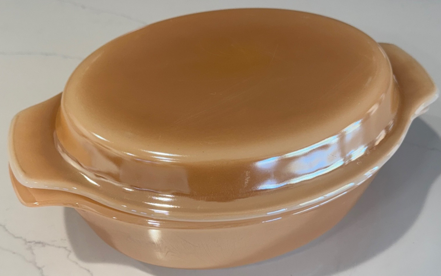 PEACH LUSTRE ANCHOR HOCKING FIRE KING 433 CASSEROLE DISH WITH LID USA MADE
