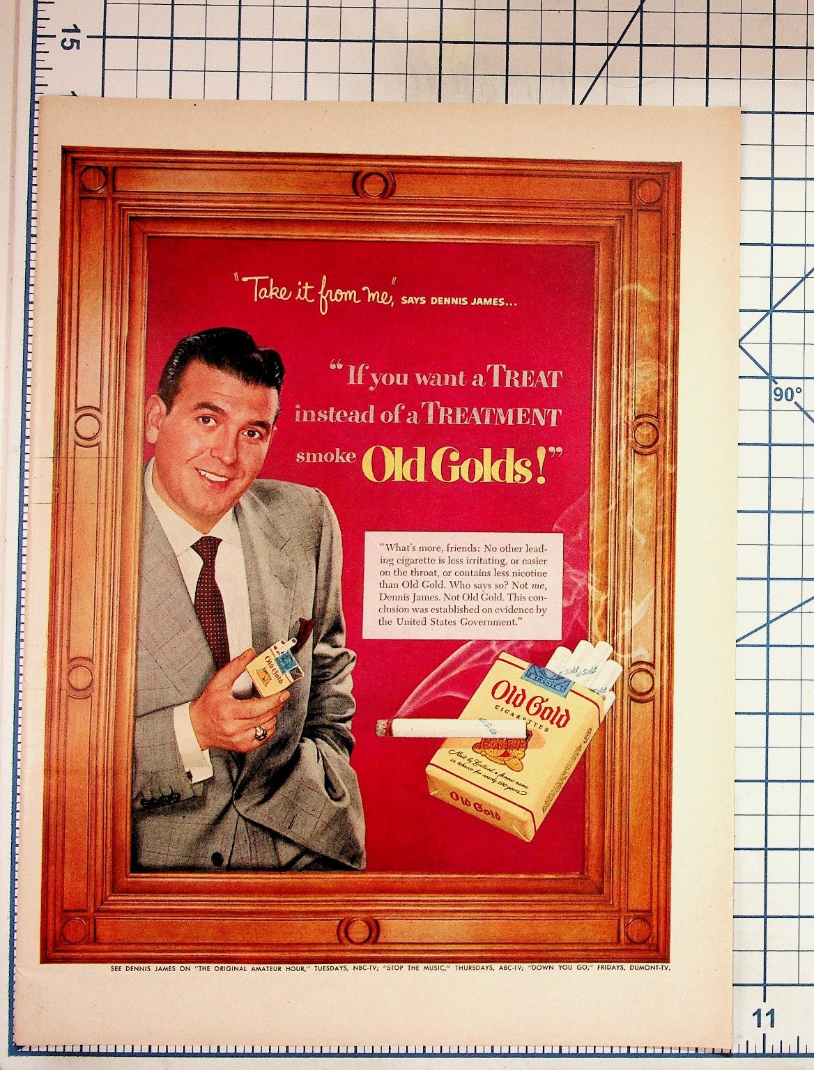 Vintage 1950s Old Gold Cigarettes Ad Dennis James TV Celebrity Ephemera