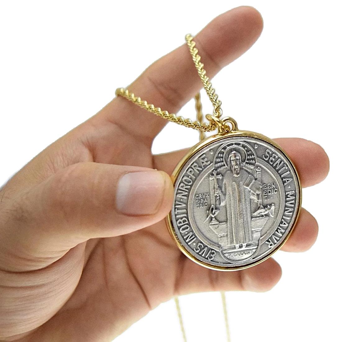 Medalla De San Benito 48mm Medal St Benedict Pendant Gold Plated Rope Chain 24\ Medalla De San Benito 48mm Medal St Benedict Pendant Gold Plated Rope Chain 24\