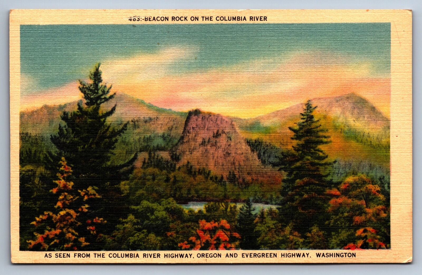 Linen Postcard Beacon Rock Columbia River Evergreen Highway Oregon c1930s