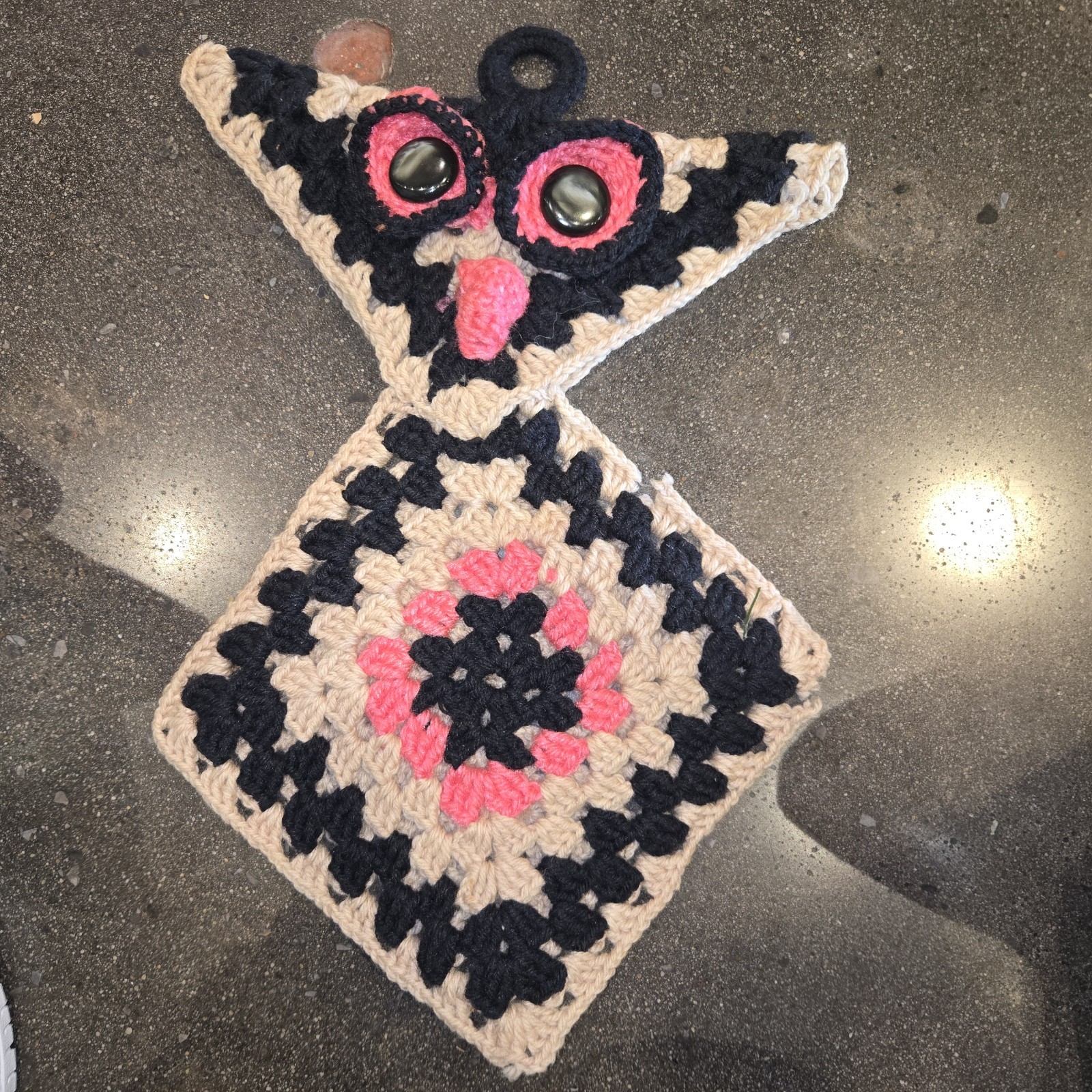Vintage Handmade Fall Owl Crochet Wall Hanging MCM Boho 70s