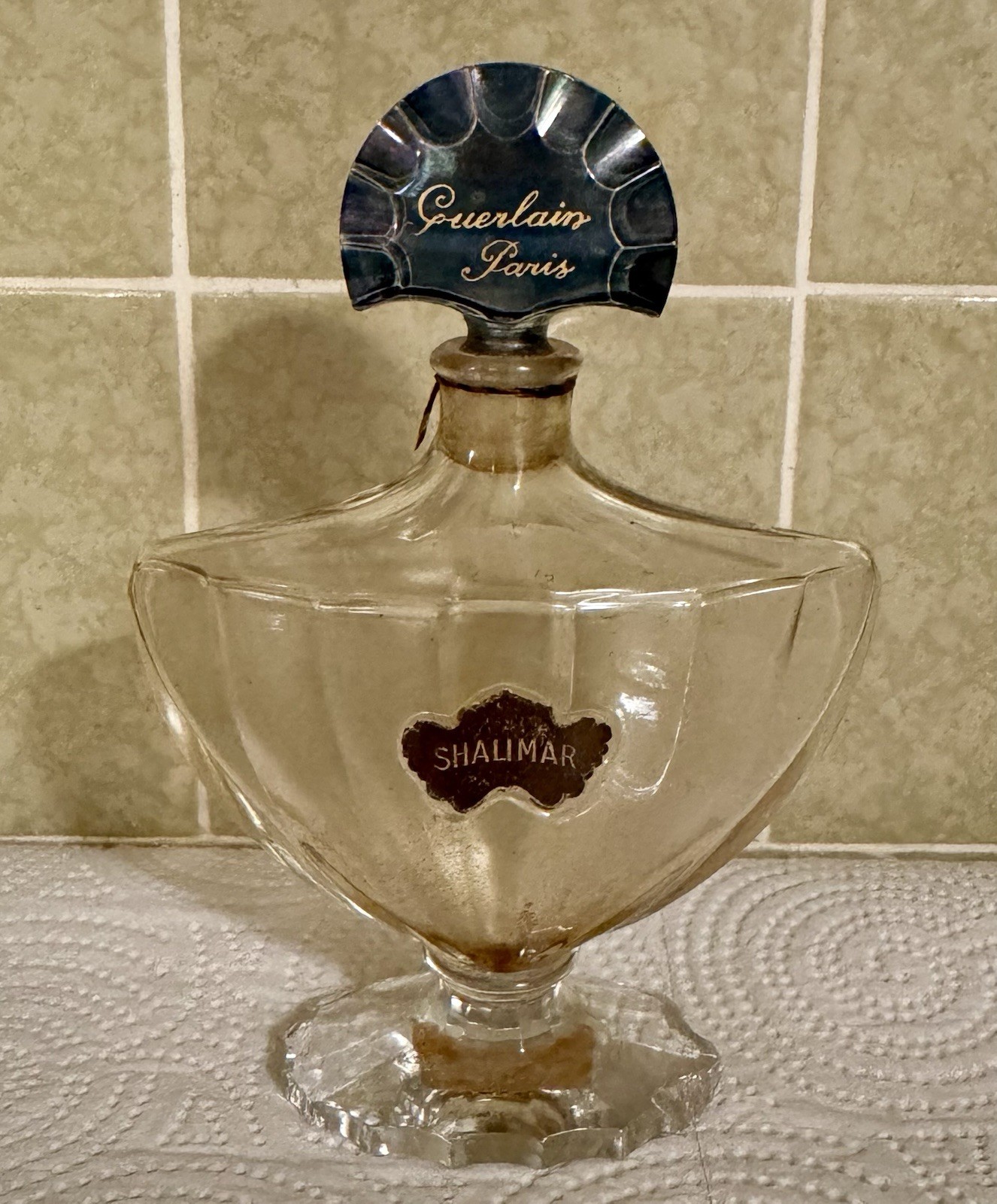 VINTAGE GUERLAIN SHALIMAR PARIS LARGE GLASS PERFUME BOTTLE BLUE STOPPER RARE
