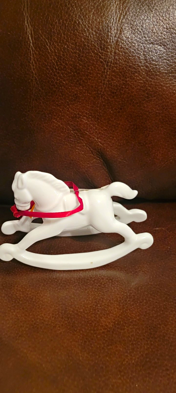 Hagen-Renaker White Ceramic Rocking Horse Figurine with Red Ribbon/Bridle