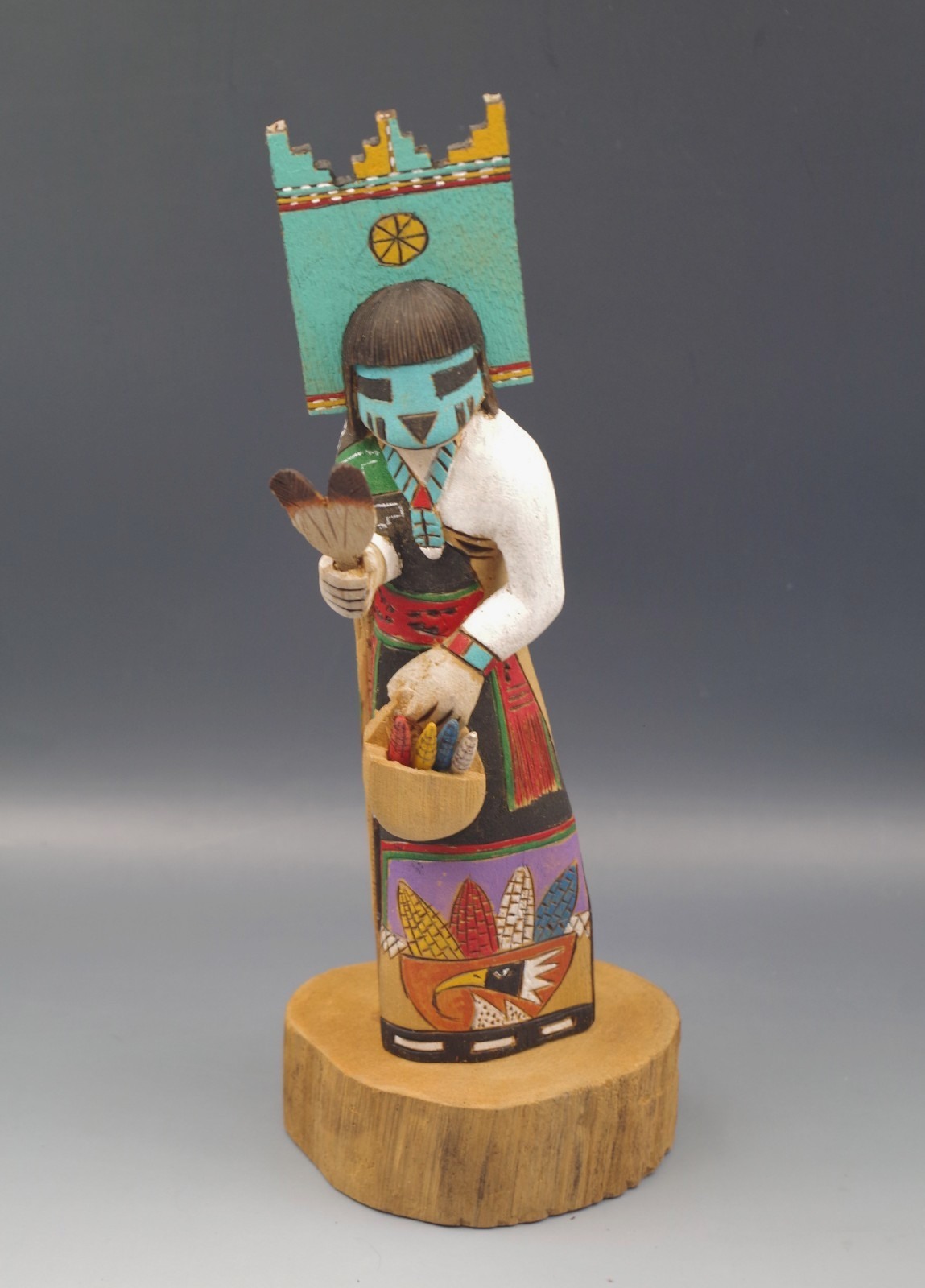 HOPI TEWA KACHINA BLUE CORN MAIDEN RUDEFORD POLEAHLA SR SIGNED DATED 2001 Y2K