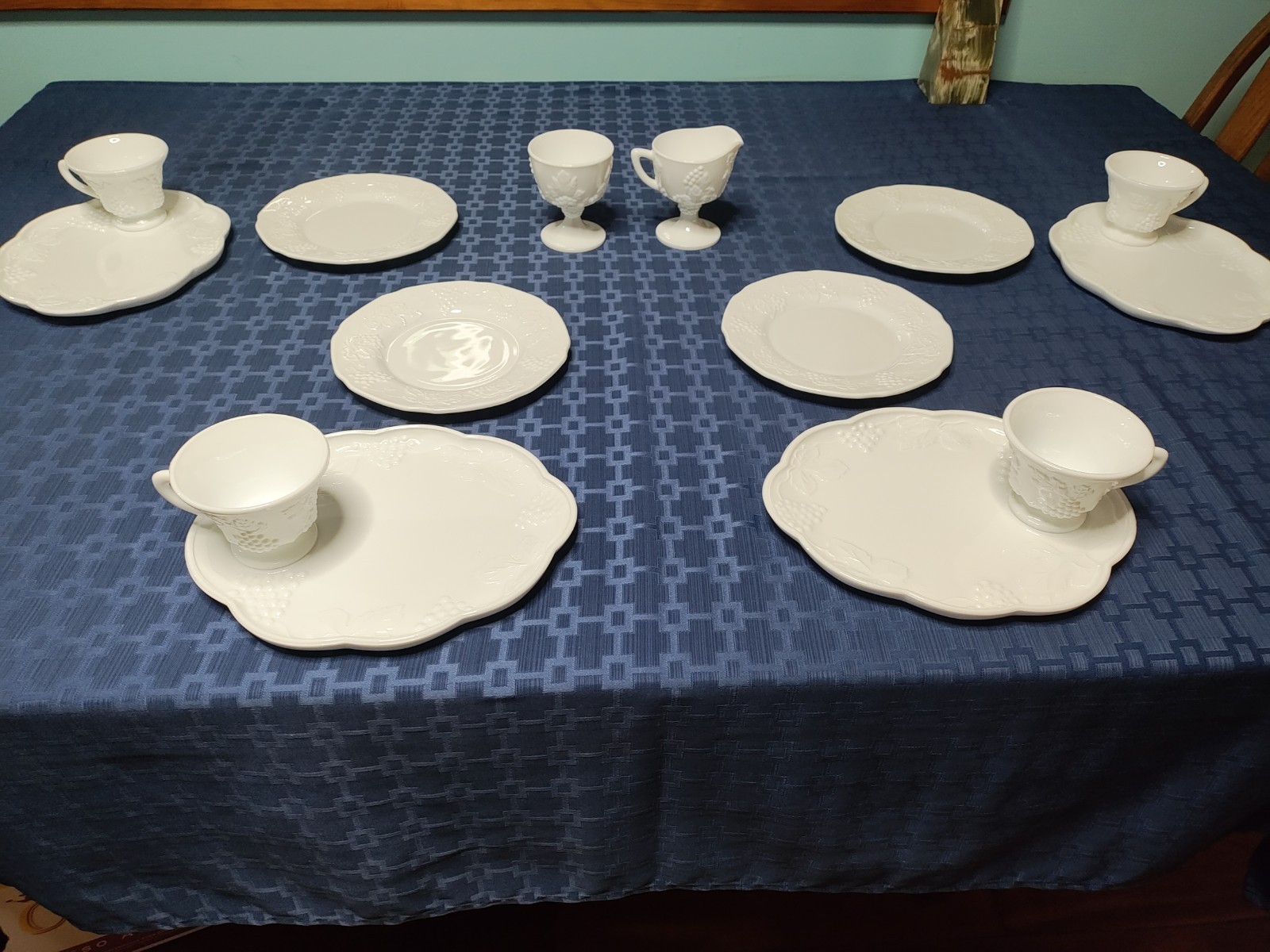 Colony Harvest White Milk Glass 14 Pc Luncheon/Tea Set Plates Cups Cream & Sugar Colony Harvest White Milk Glass 14 Pc Luncheon/Tea Set Plates Cups Cream & Sugar