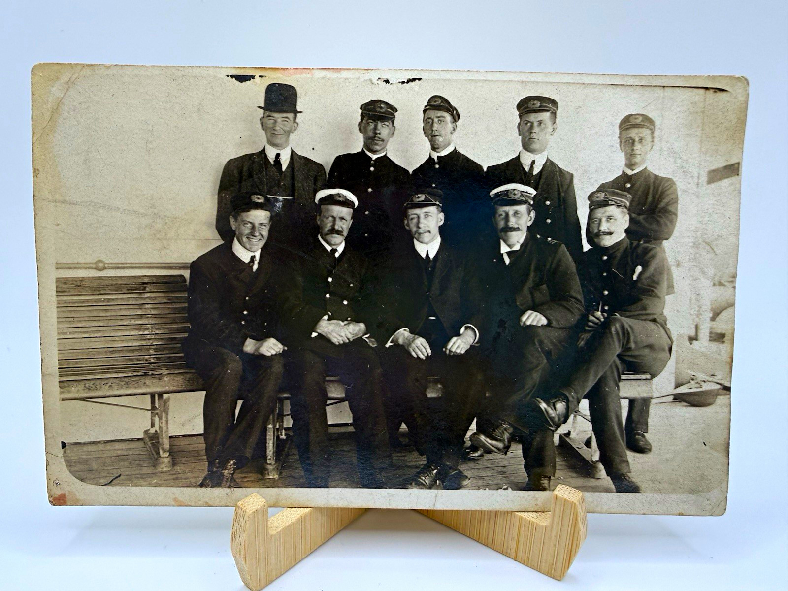 Antique RPPC Postcard Ship Officers Crew Uniforms Deck Bench Early 1900s Unposte