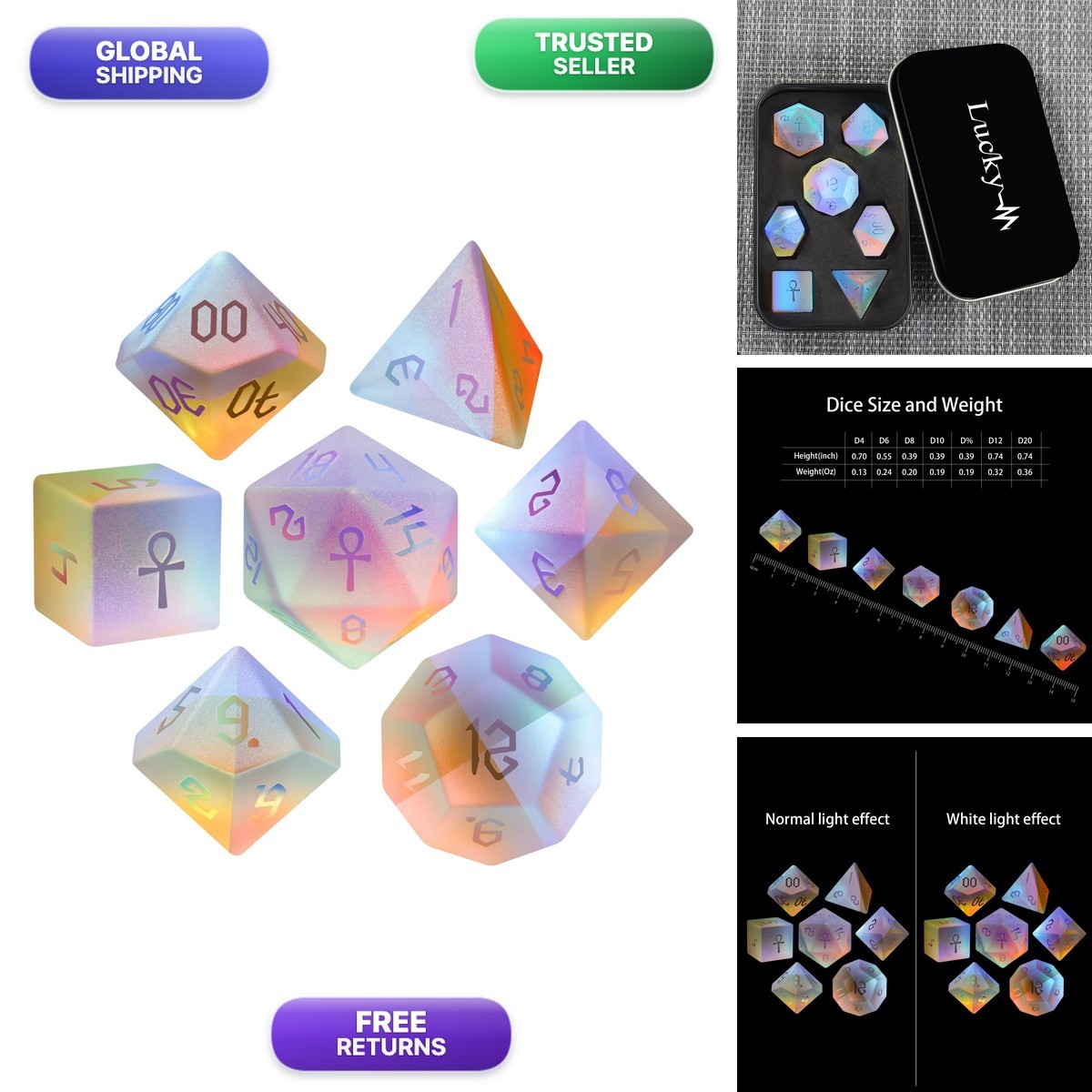 LUCKY-M K9 Gemstone Dice DND Dungeons Dragons Set - Frosted Rainbow Ankh LUCKY-M K9 Gemstone Dice DND Dungeons Dragons Set - Frosted Rainbow Ankh