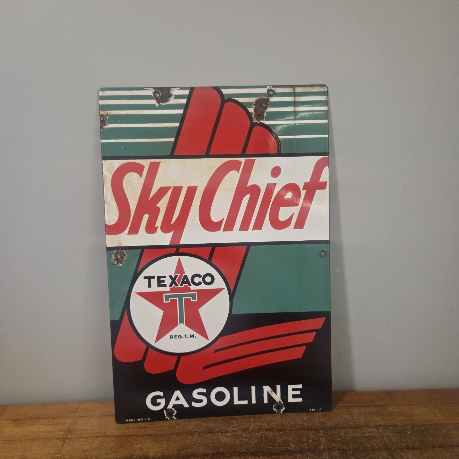 Vintage Skychief Texaco Pump Plate Dated 3-10-47 