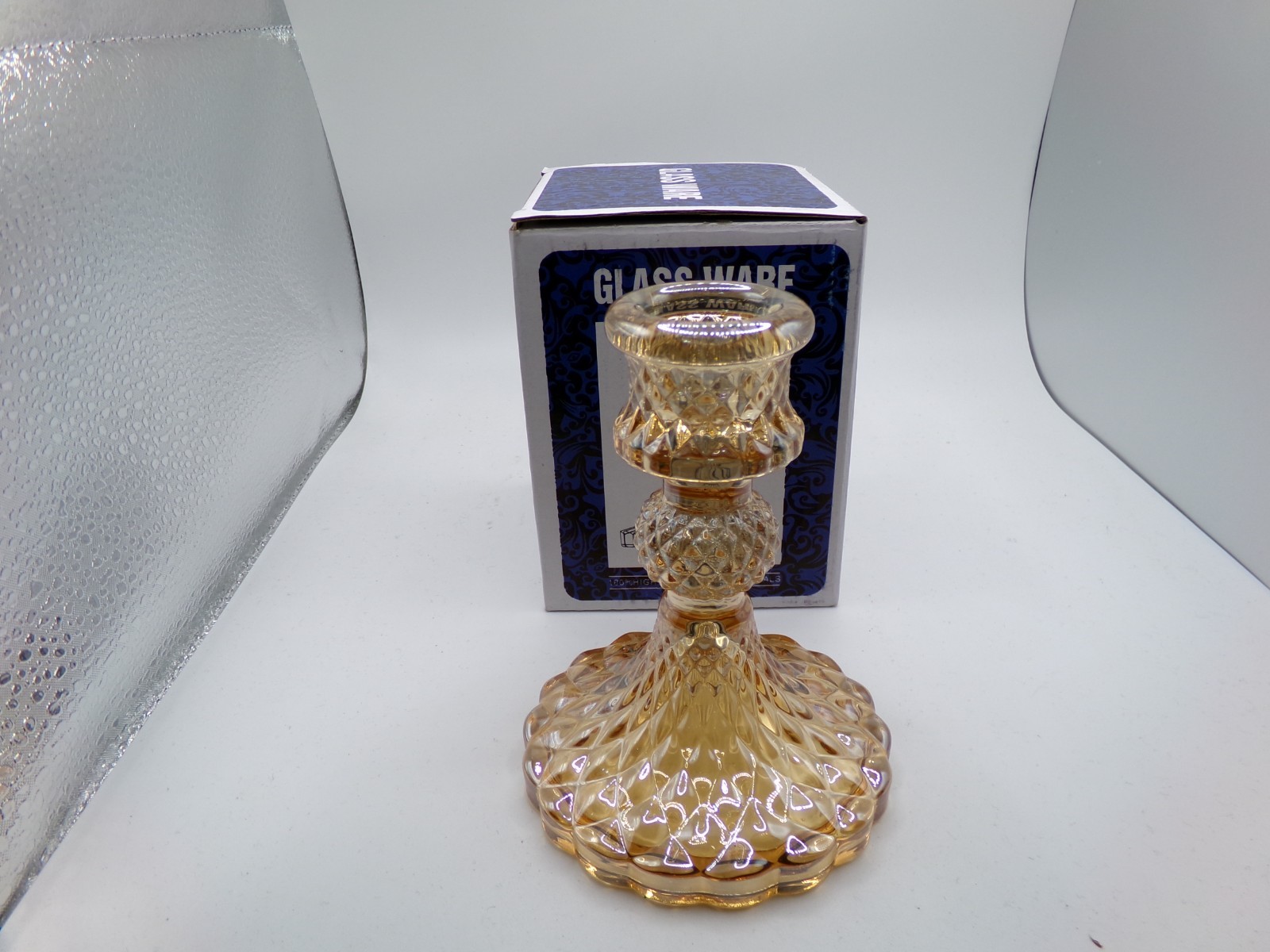 Reversible Amber Glass Diamond Pattern Candlestick Holders