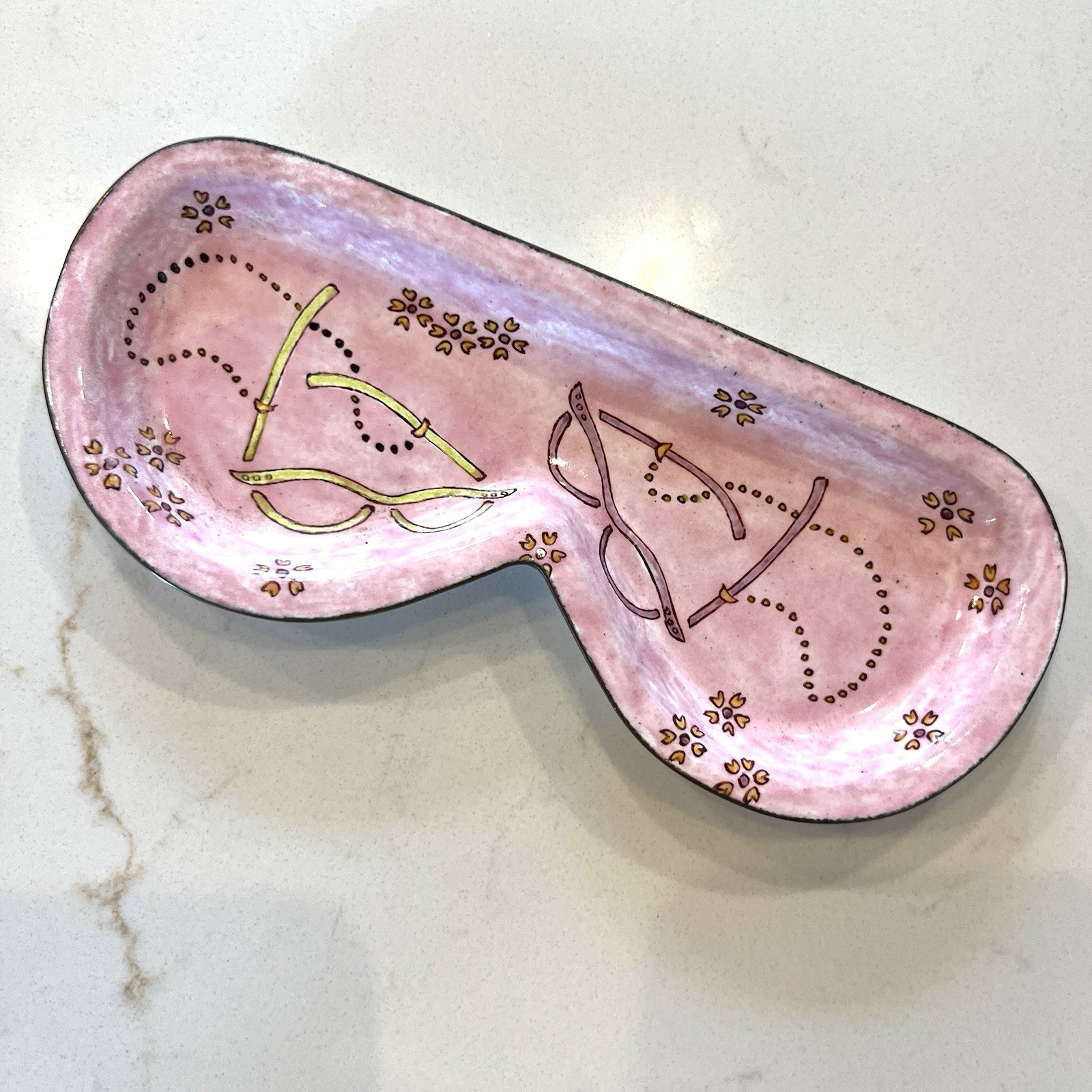 VTG Empress  Arts Hand Painted Pink Enamel On Copper Eyeglass Trinket Tray 2003