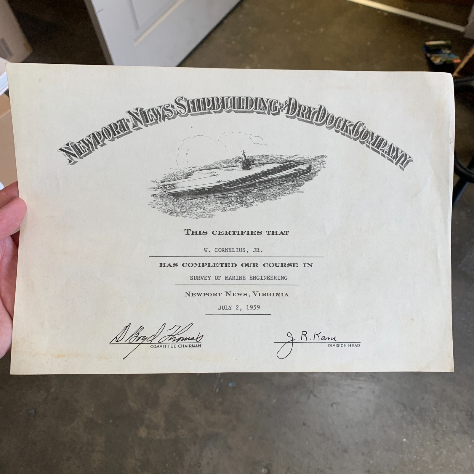 VTG c.1950s Newport News Shipbuilding & Dry Dock Company Engineering Certificate