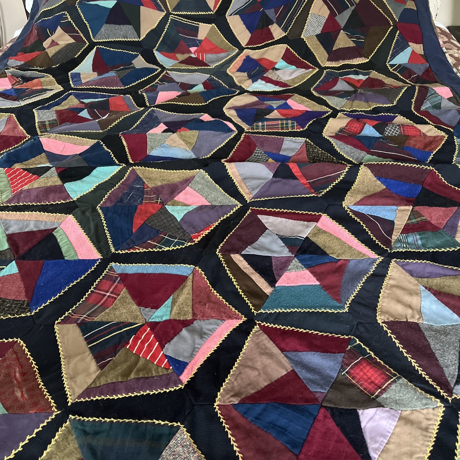 1900s Antique Crazy Quilt Handmade Embroidered Blanket Throw 64 x 75. Hexagons 