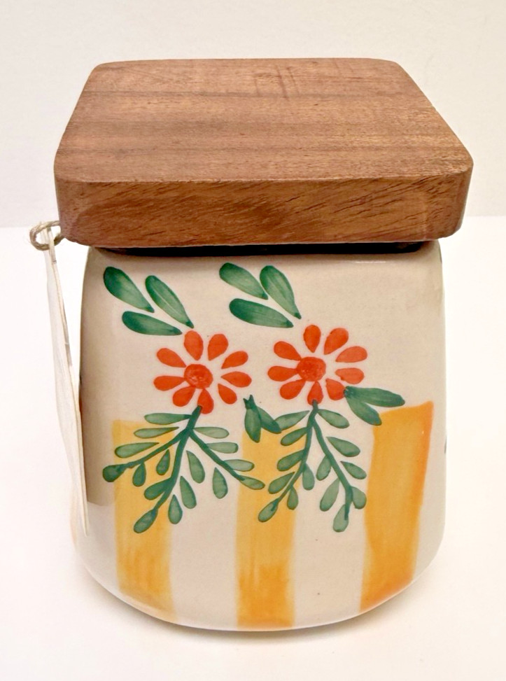 Vintage Hand Painted Floral Ceramic Canister Wood Lid Kitchen Storage Jar