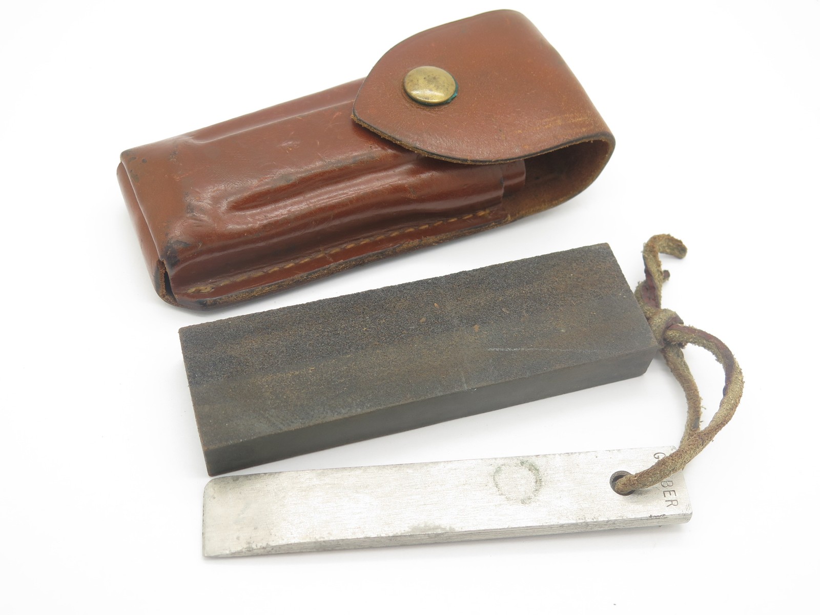 Vintage Gerber Knife Hone Field Sharpening Stone & Steel Chisel & Leather Sheath Vintage Gerber Knife Hone Field Sharpening Stone & Steel Chisel & Leather Sheath