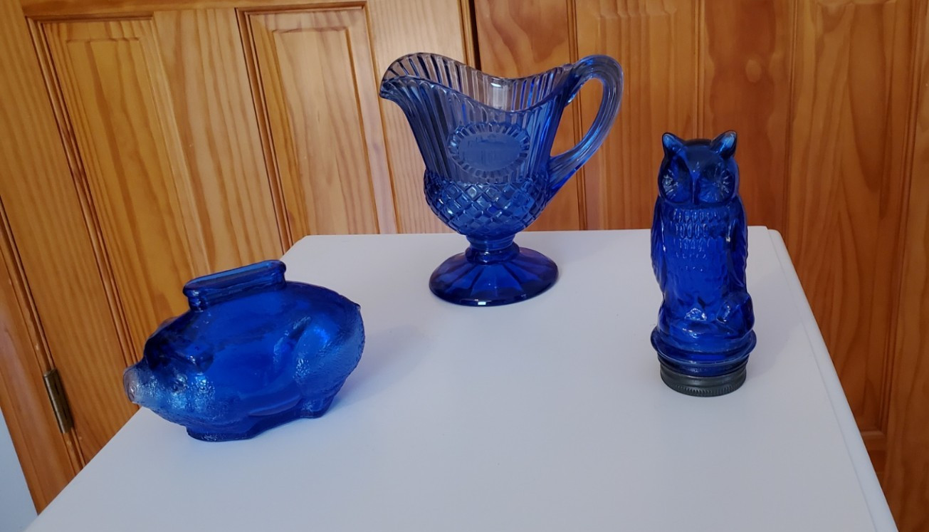 Vintage cobalt blue glass Owl, Pig, and Creamer