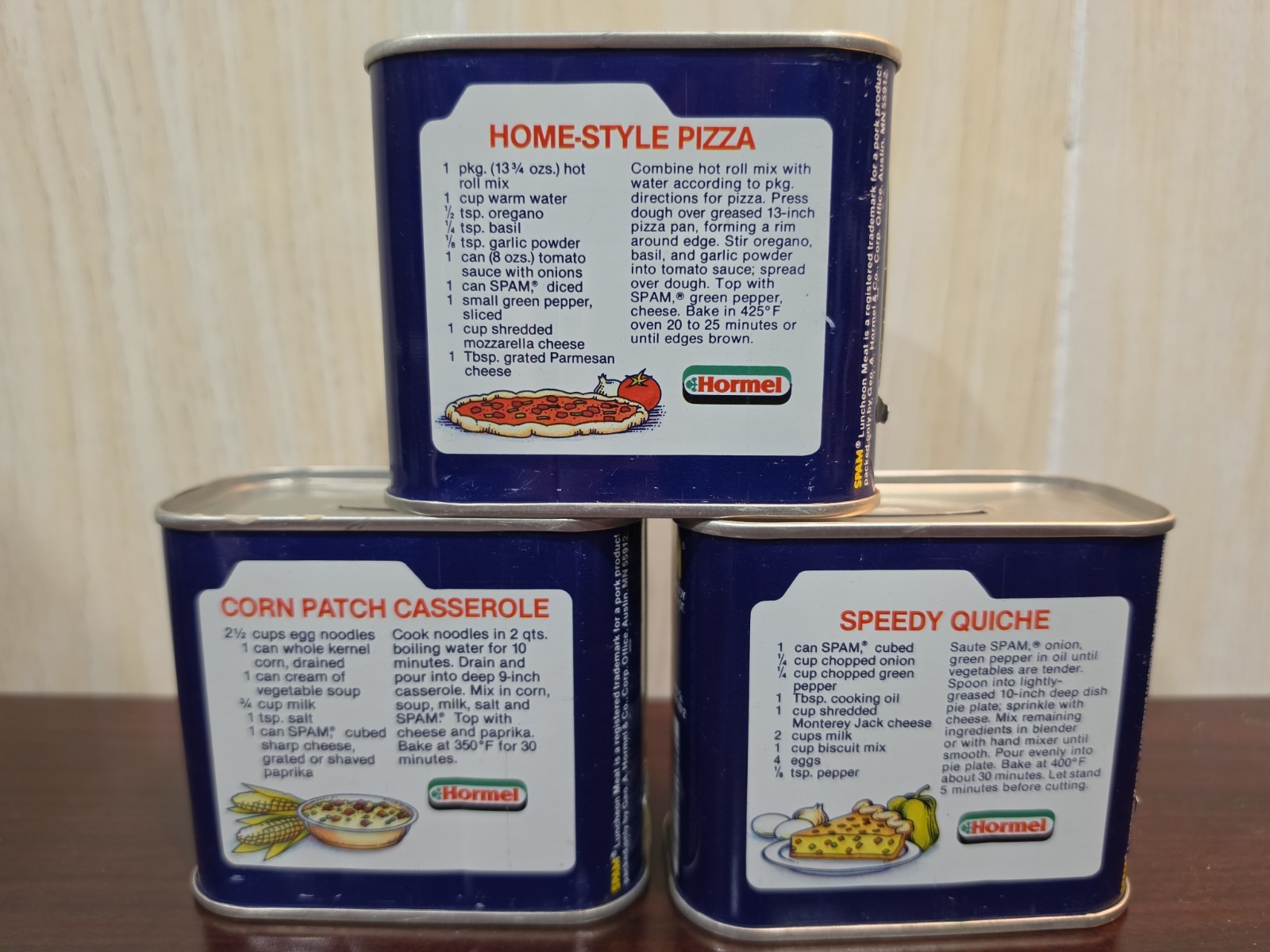 (3) Hormel SPAM Tins PIZZA QUICHE CASSEROLE Can Coin Bank Collectible Austin MN