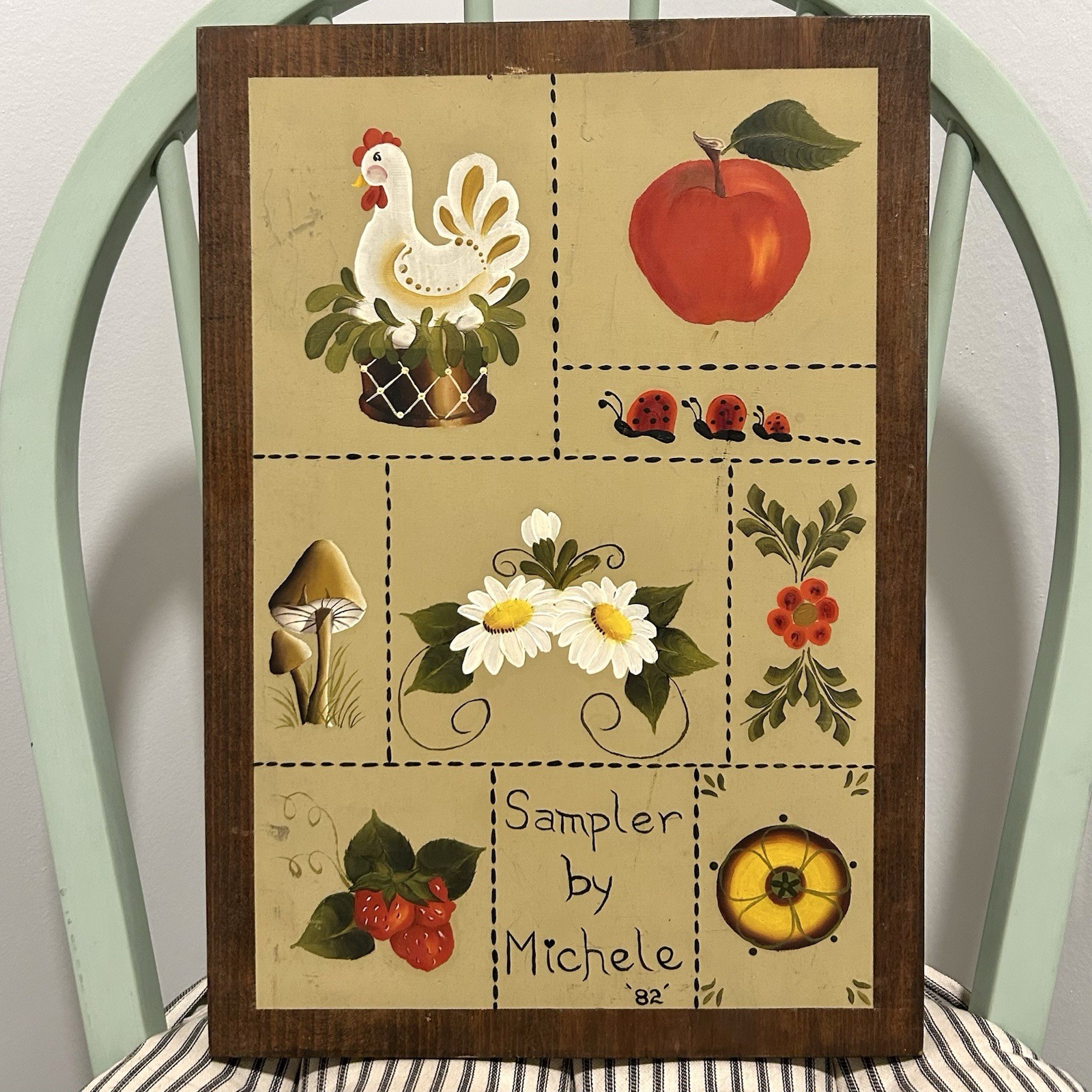 Vintage 1982 Folk Art Tole Painted Wood Plaque Sampler Signed Michele
