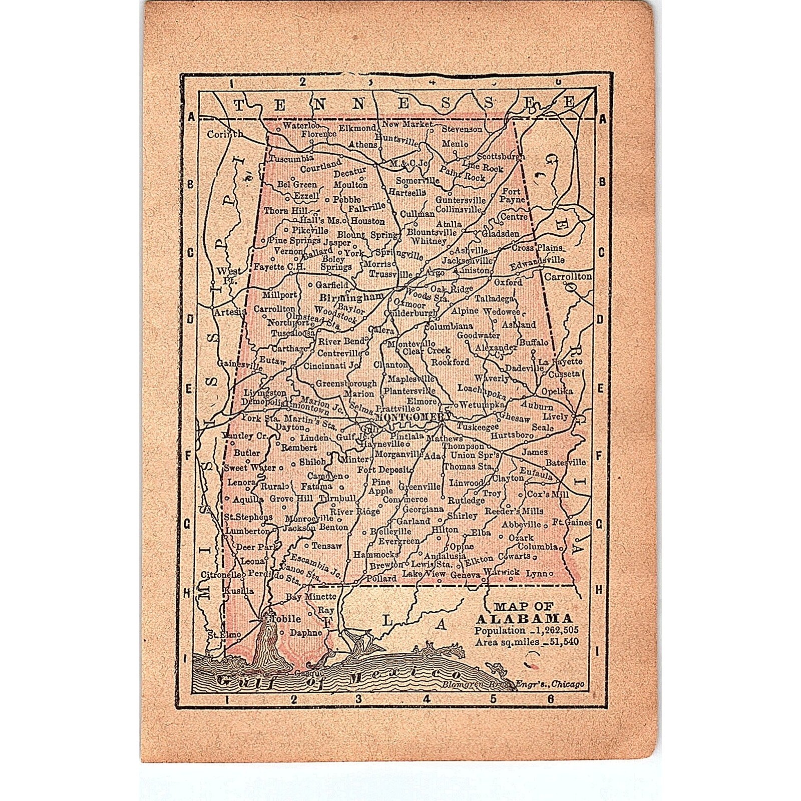 Antique 1889 Map of Alabama 1889 Pocket Map Engraving SAG4-H4