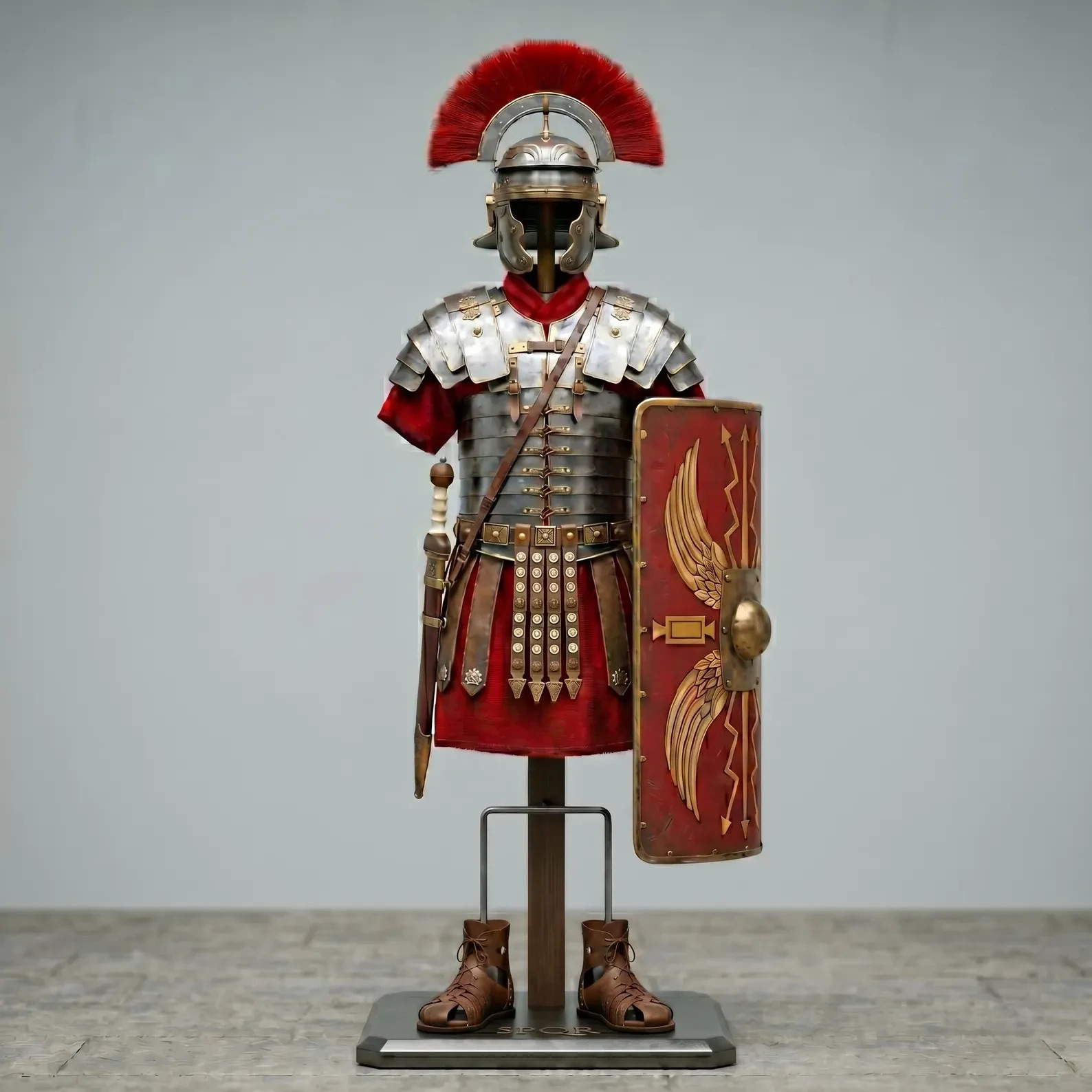 Roman Centurion Armor Set with Red Crest Helmet & Shield, Ancient Legionary