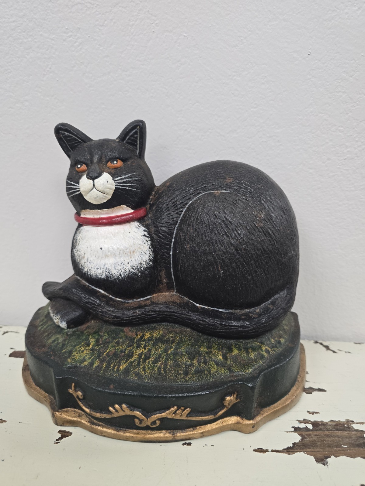 Vintage Cat Doorstop Cast Iron Hand Painted Black White Kitty Meow Feline READ
