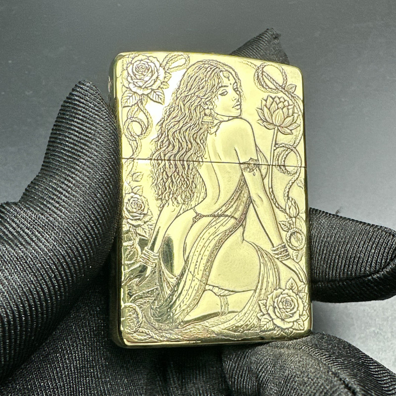 Indian Woman Engraved Lighter – Rose & Lotus 3D Relief Zippo