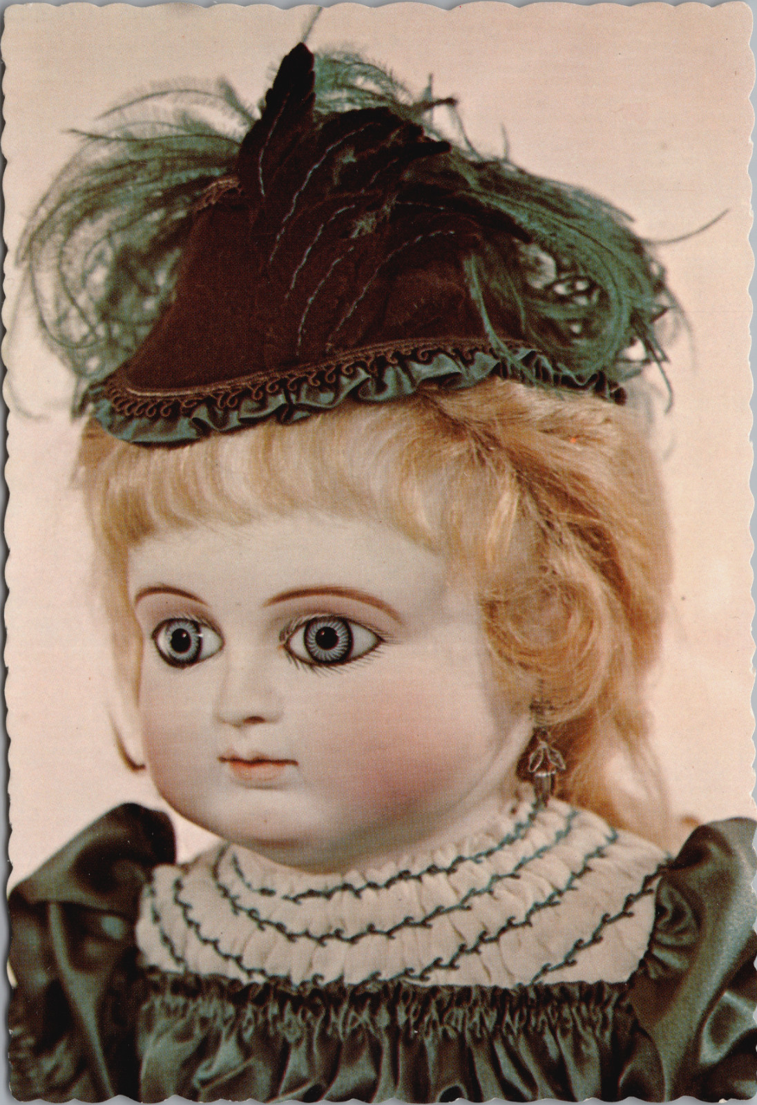 French Bisque SCH Schmidt Doll Blue Eyes Feather Hat Ruffled Dress Pierced Ears French Bisque SCH Schmidt Doll Blue Eyes Feather Hat Ruffled Dress Pierced Ears
