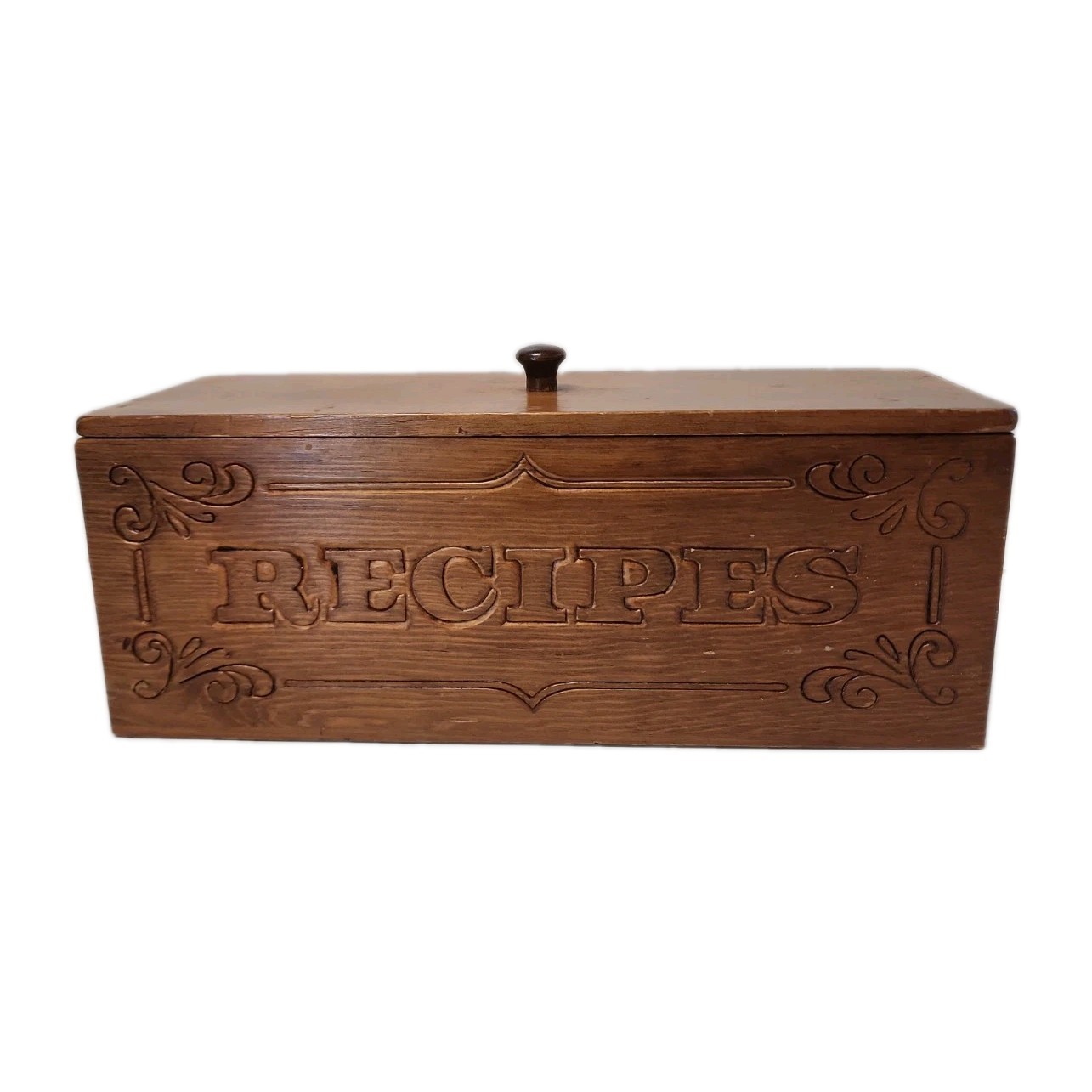 Vintage Wooden Double Recipe Box with Lid, 1970s Retro Carved Wood Recipe Card