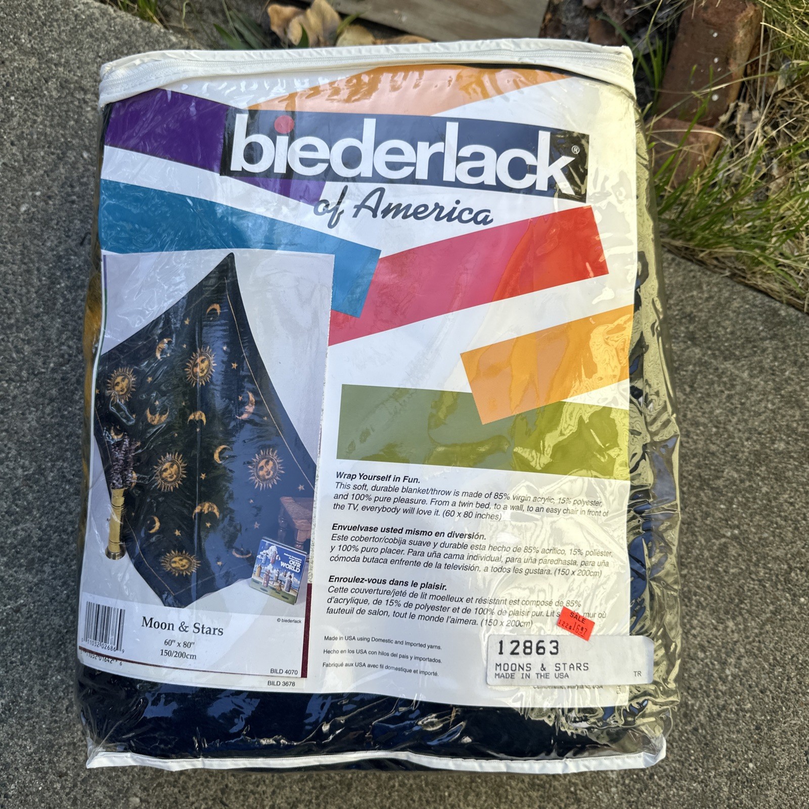 NOS Vtg Biederlack Celestial Reversible Throw Blanket Sun Moon Stars USA 60x80