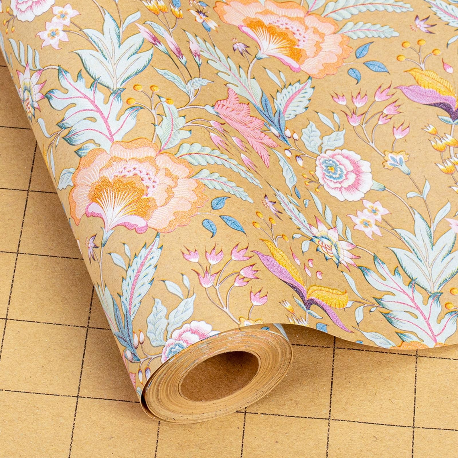 Merture Vintage Kraft Floral Wrapping Paper - 17 In X 33 Ft