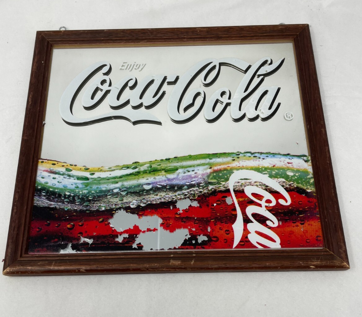 VTG ENJOY COCA-COLA FRAMED CARNIVAL MIRROR SIGN 13x11.5\