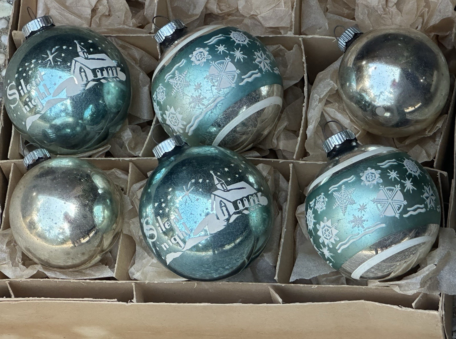 Vintage Shiny Brite USA Teal Silent Night Snowflake Stencil Glass Ornaments